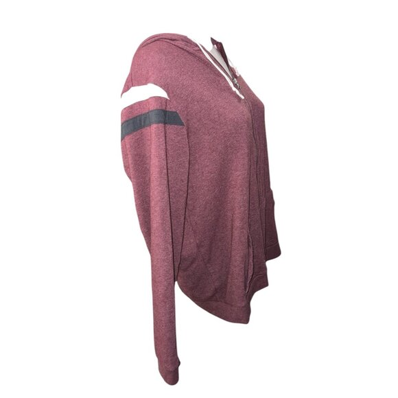 George Maroon Zip-Up Hoodie With White & Black Striped Sleeves Size Large Womens - Picture 9 of 10